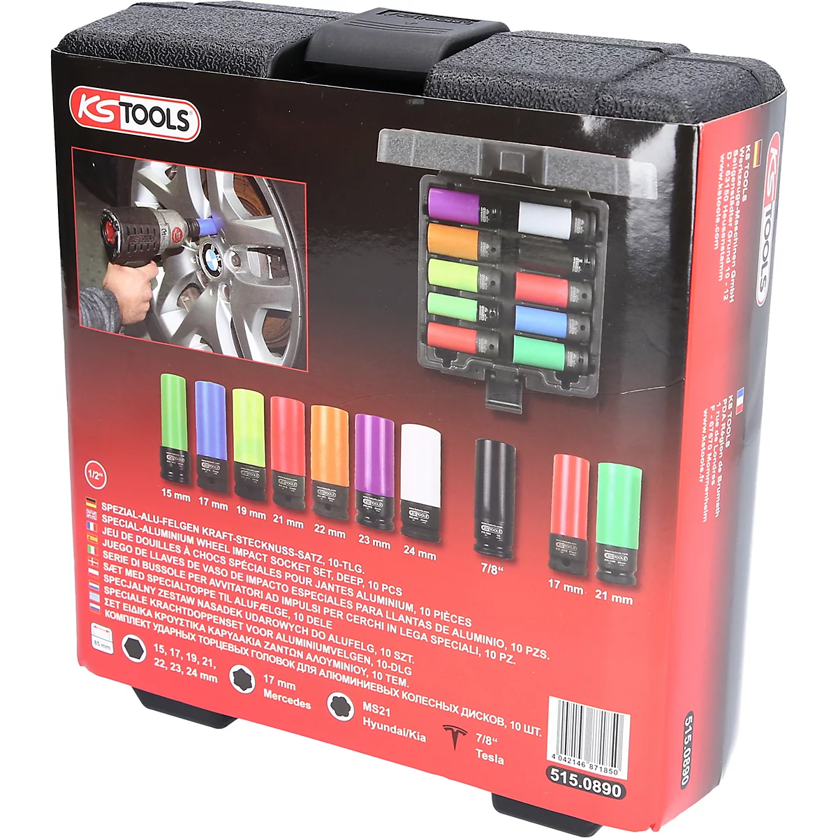 Boîte à outils avec douilles colorées et une image d'un changement de pneu.